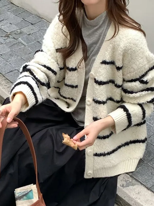 

Korean Sle Thiened Stripe Women's Open Cardigan V-Ne Slimming Versatile Sweater Coat Autumn Winter New Arrival