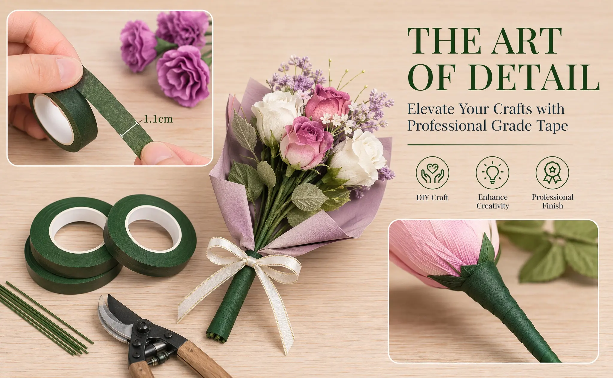 Floral Tape Green - 5ロール入り、緑色のクラフトテープ。花の茎を包むのに適しており、造花の装飾やDIYの紙製植物、家庭や学校での使用に最適。自己粘着式。