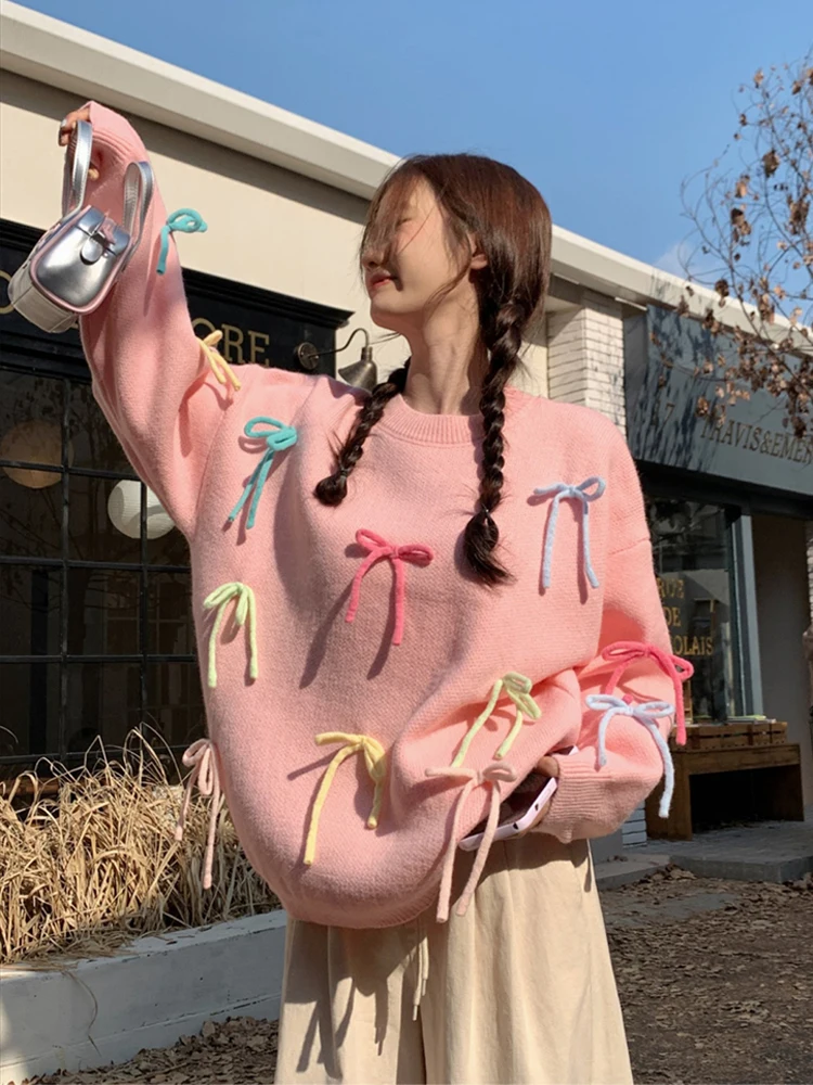 

Autumn Winter Sweet Sweater Women Bow O Neck Pullover Long Sleeve Elegant Knitted Tops Female Casual Pullover Fashion