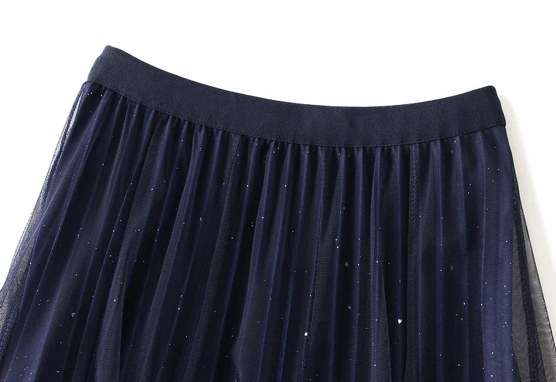 Starry Gradient Chiffon Pleated Long Skirt for Women, Solid Color 3-layer A-line High Waisted Autumn and Winter Big Swing Skirt