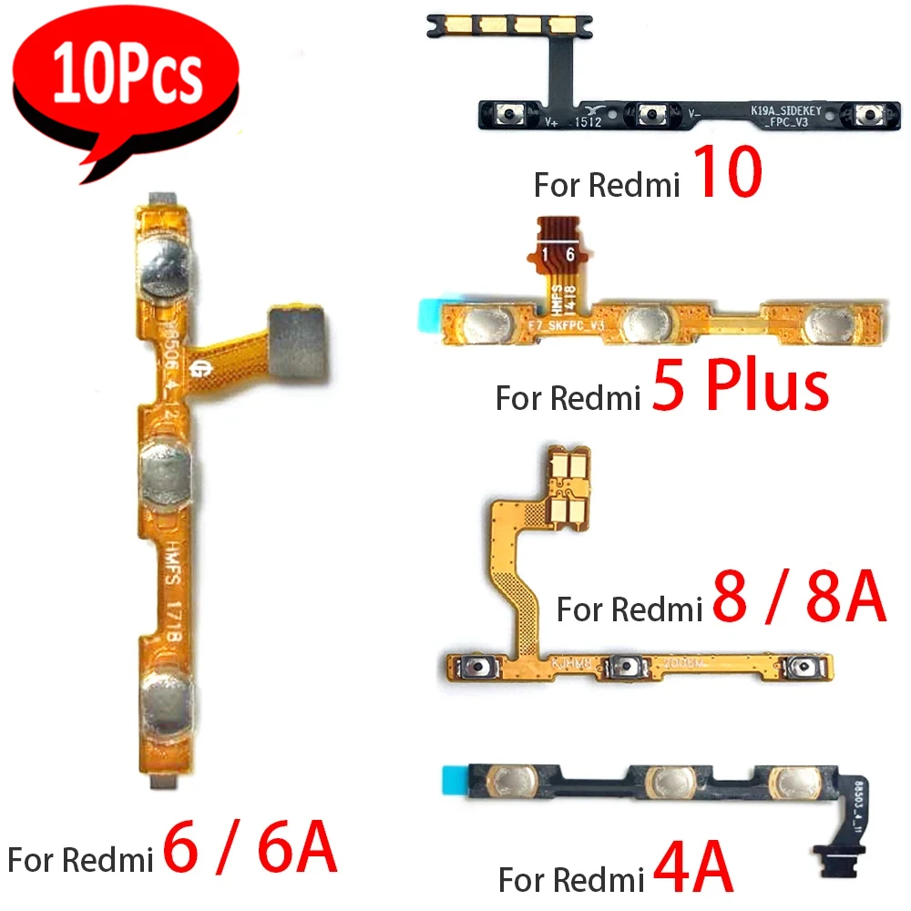 10 peças, botão liga/desliga volume fita de cabo flexível para xiaomi redmi 10 4 pro 5 plus 3/3s 4a 4x 5a 5 6/6a 9a 8a k30 8 9 10c