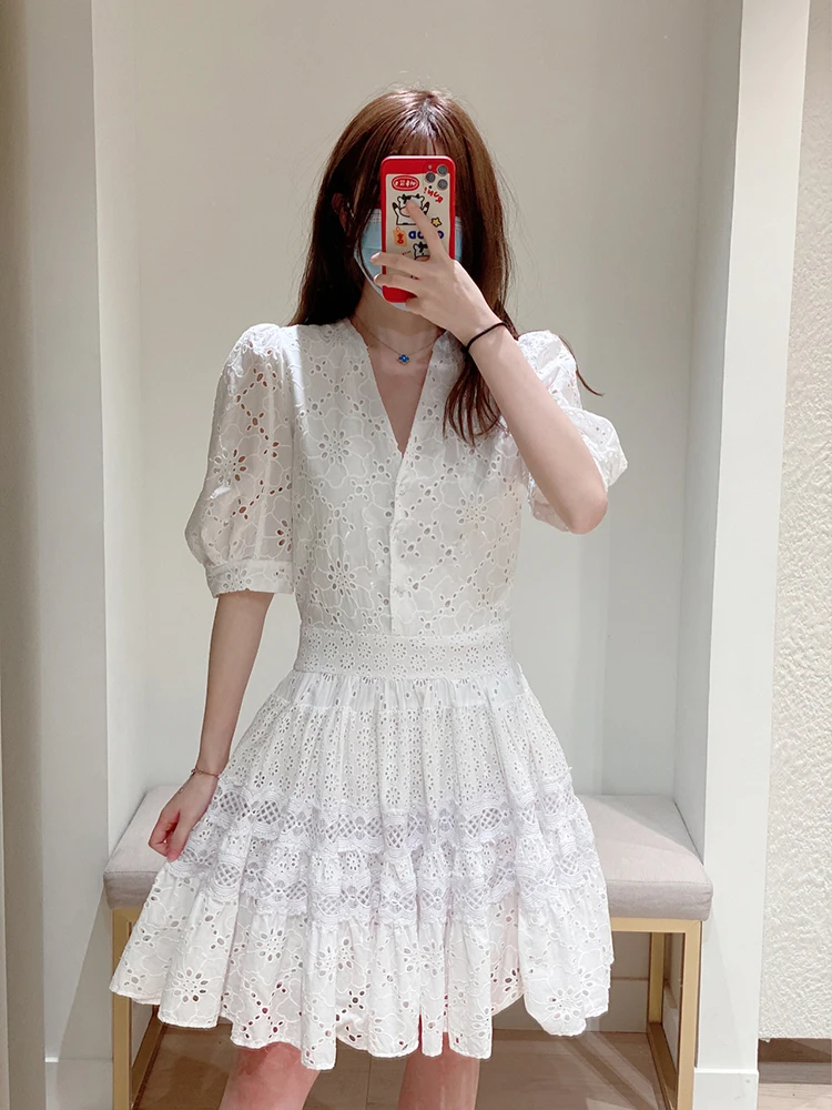 

M Home Nan You High End Women's White Lace Bal Dr Small Fraance Sle A-Line Skirt High Waist ort Sve V-Ne