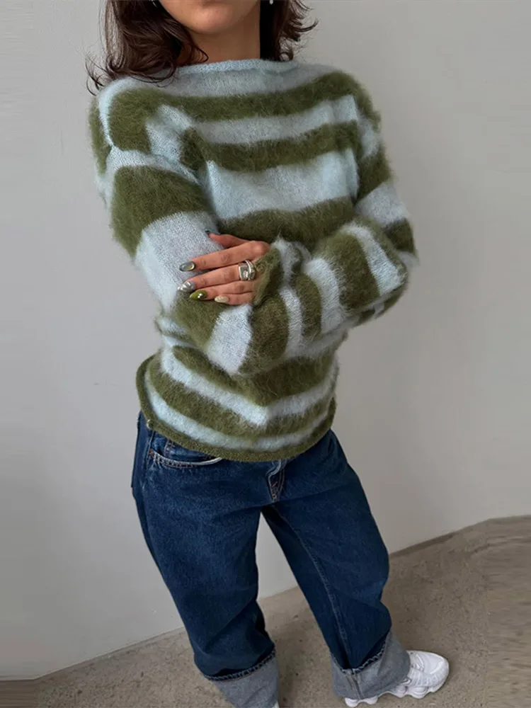 Vintage Fuzzy Mohair Sweater Boat Neck Sheer Flare Long Sleeve Roll Hem Slim Fit Casual Knit Top 2026 Spring Autumn Women Tops
