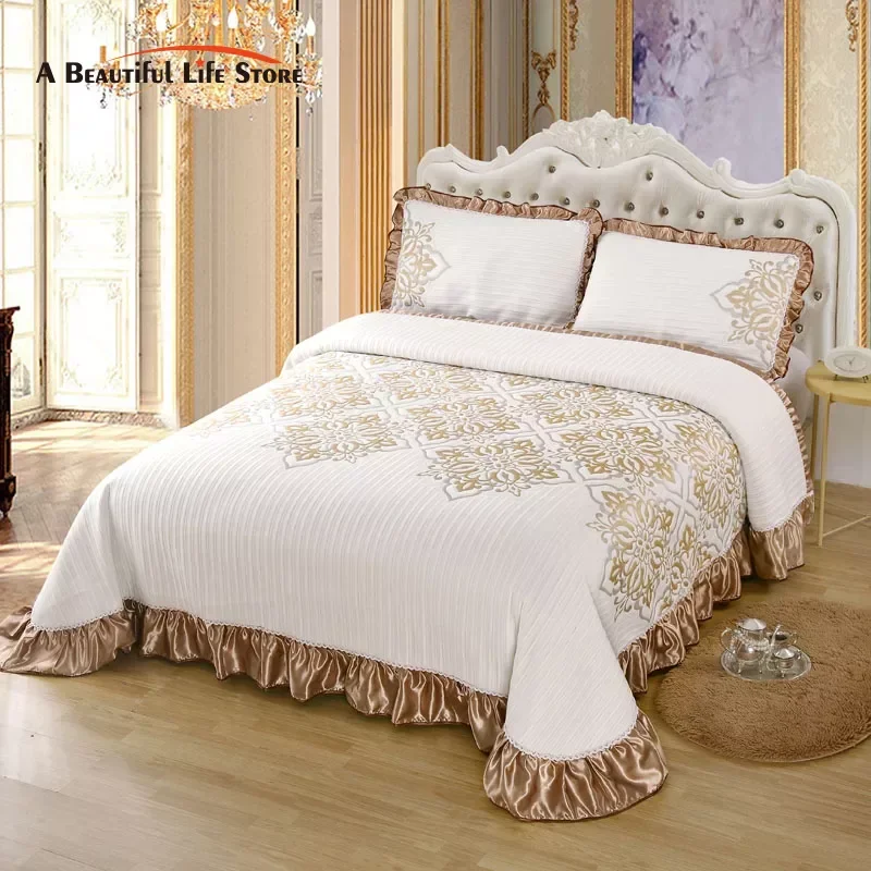 Luxury Soft Knitted Cotton Ruffles Bed Skirt, Bedspread Coverlet, Double Bed Cover Set, Blanket, Linen Pillowcases, Home Textile