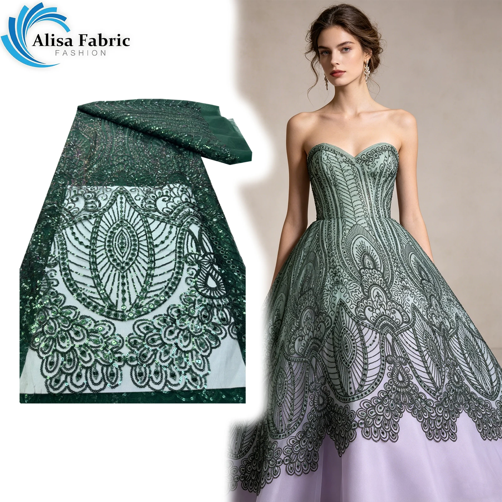 

High quality Sequins Lace 5 yards fabric for elegant church wedding party evening dress Used for sewing evening gowns