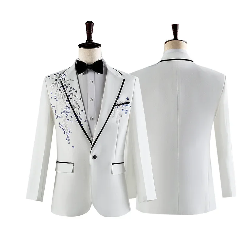 Elegant Men White Performance Suits , Ideal for Stage, Host, Singer, Dance, Prom Events ，Male Spliced Blazer and Pants with Tie