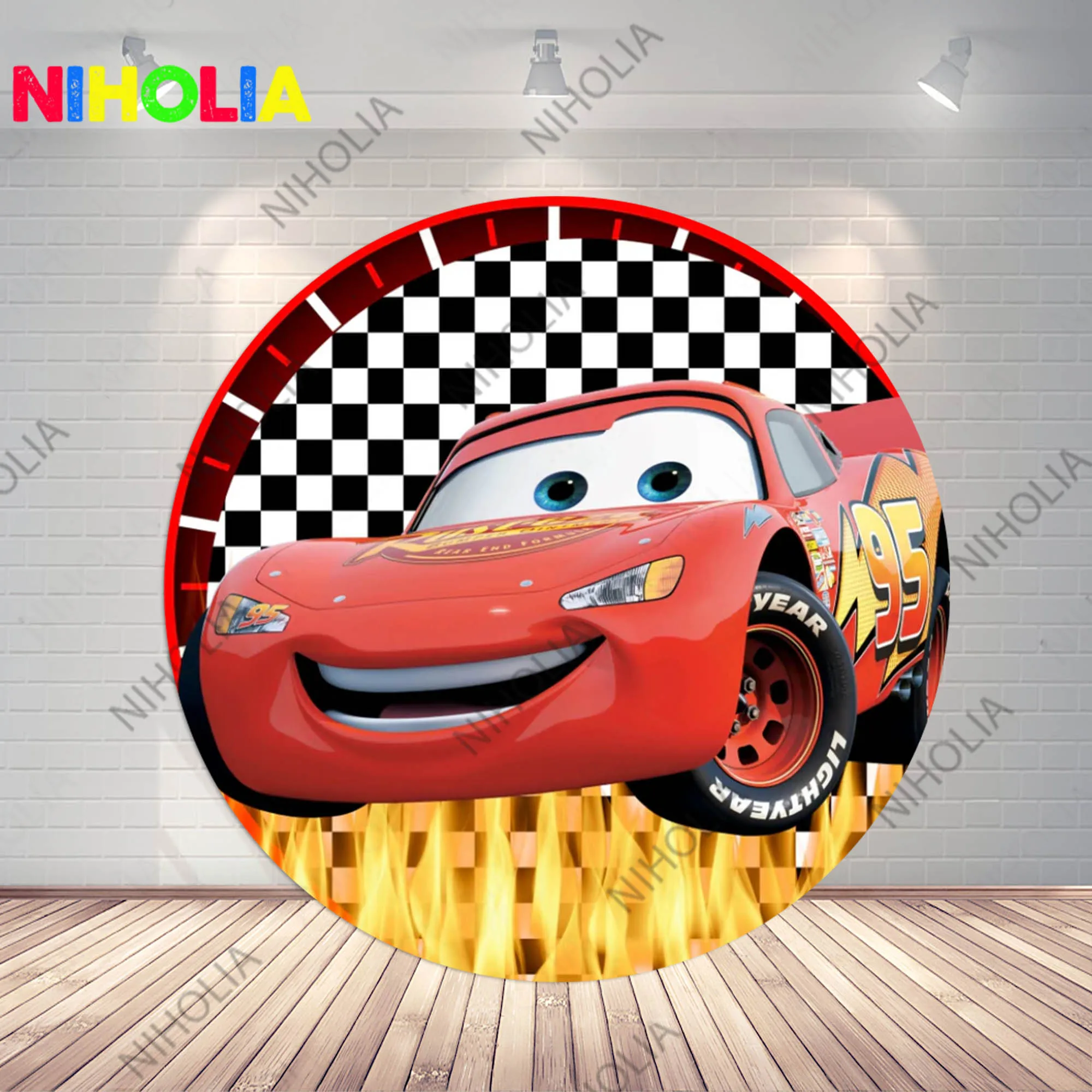 Disney McQueen Car Round Backdrop Kids Birthday Party Cylinder Covers Baby Shower Decoration Background For Cake Table