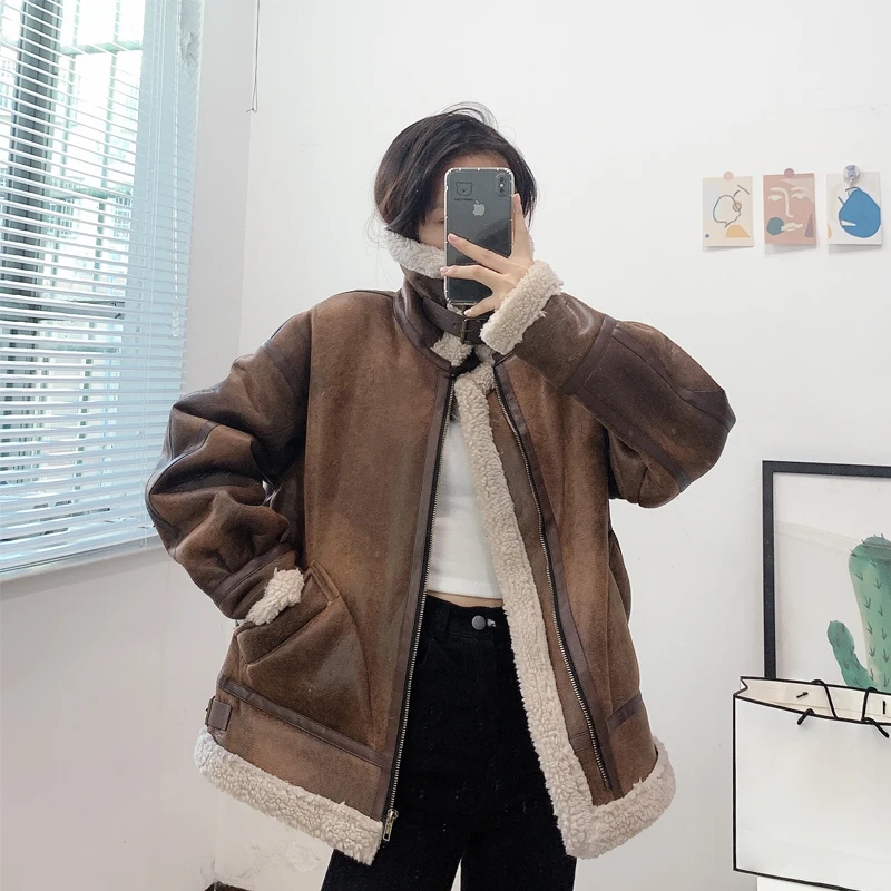 

Women's Winter Lamb Wool Coat 2023 New Warm Thicken Motorcycle Clothing Leather Jacket Loose Stand Collar Fur Coat Plus Velet Co