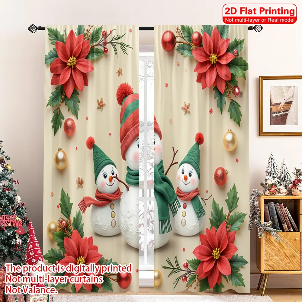 

2pcs 2D flat printing Merry Christmas Popular Window Drapes Christmas Snowman Family Festive Celebration 100% Polyester Without