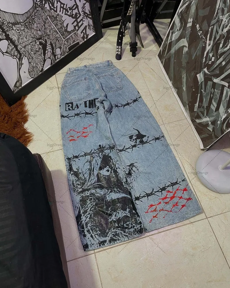 New Fashion Harajuku Gothic Letter Cartoon Print Oversized Washed High Waist Pants Women Y2K Casual Streetwear Rock Loose Jeans