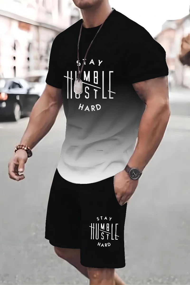 

Men's 2 Piece Summer Suit Sports Geometric Printed Crew Neck T-shirt and Pocket Stretch Waist Shorts Casual Knitted Fabric