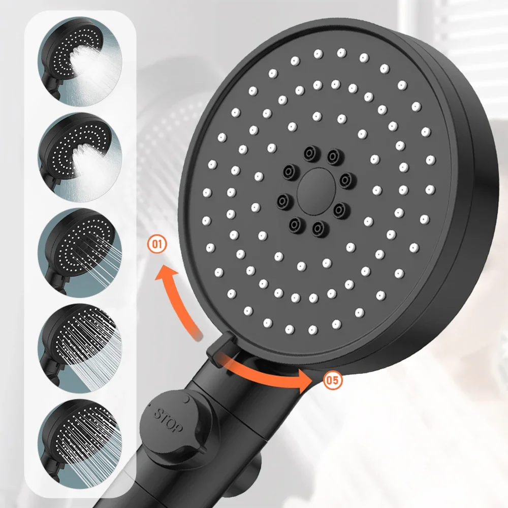 

5 Modes Shower Head with Filter High Pressure Adjustable Shower Head with One-click Stop Large Flow Spray Bathroom Accessories