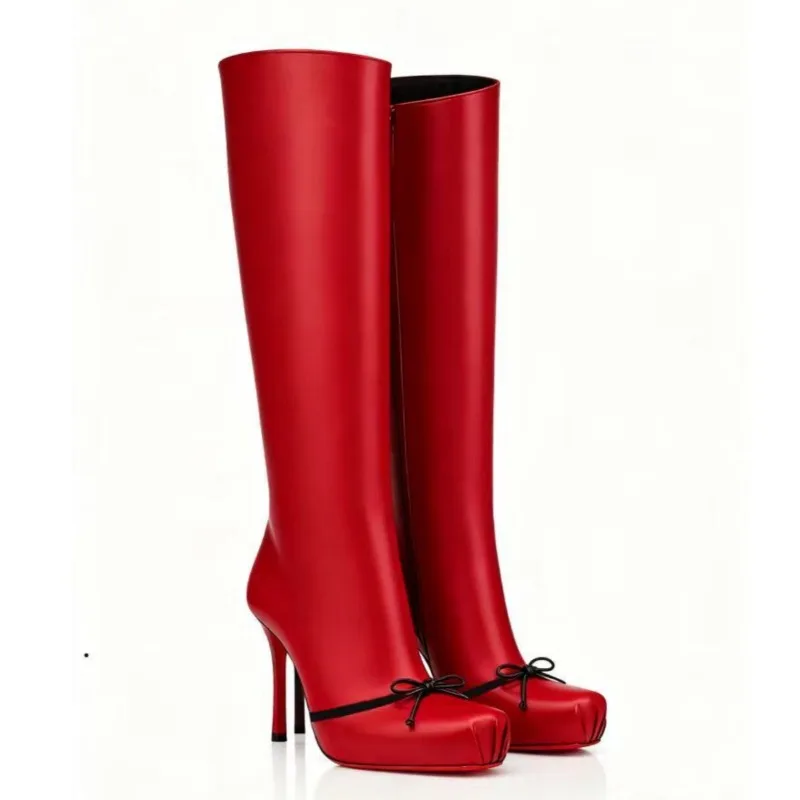 

Европейские и американские осенние и зимние новые модные теплые сапоги на высоком каблуке с украшением в виде банта, женские красные свадебные туфли