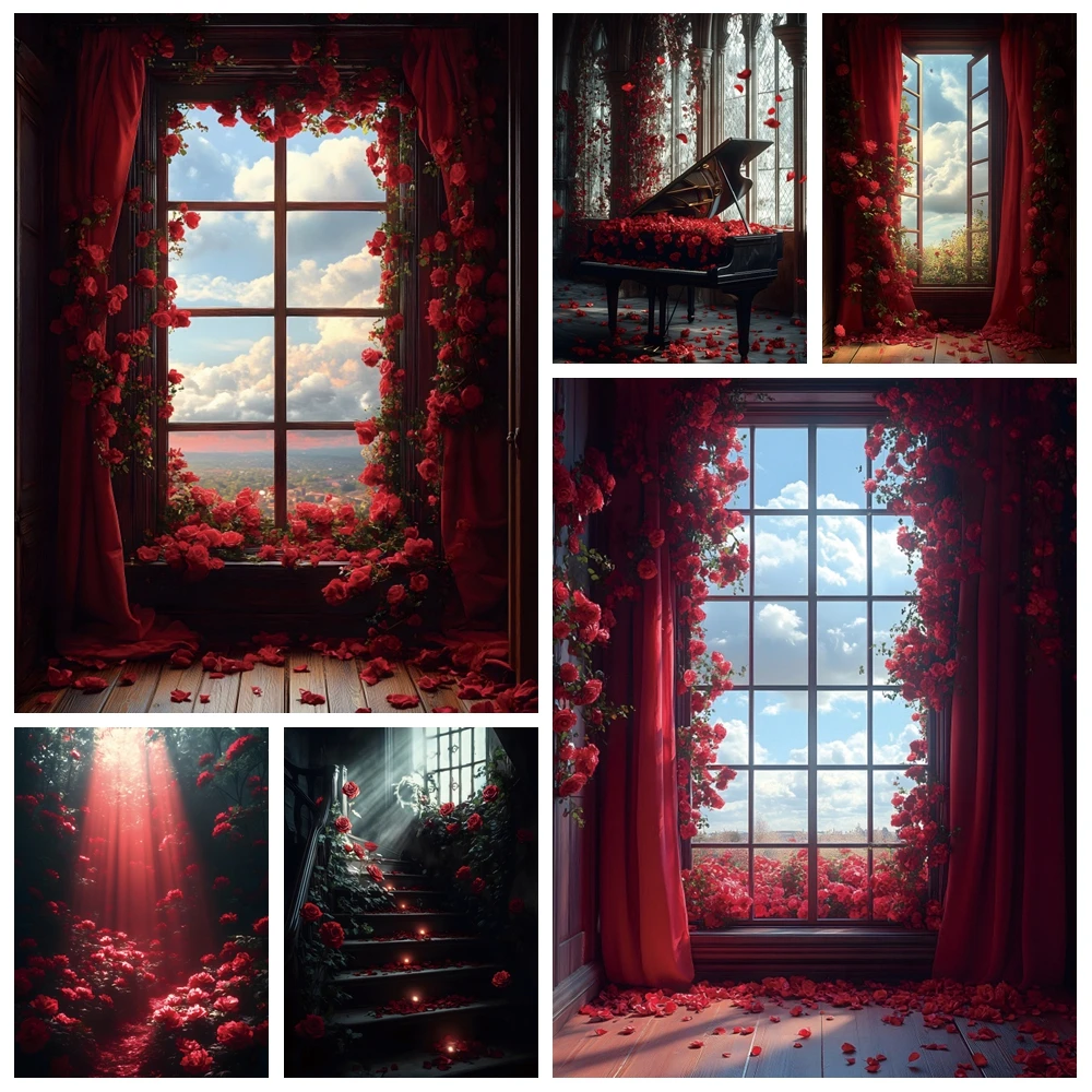 

Romantic Red Curtain Window Flowers Wedding Photography Backdrop Interior Vintage Wall Adult Maternity Portrait Photo Background