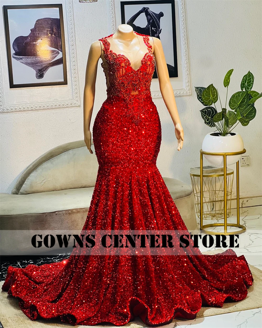 Red Velvet Sequin Rhinestones Aso Ebi Split Evening Dress Luxury Party Dresses Women 2025 Wedding Night Dress African Customized