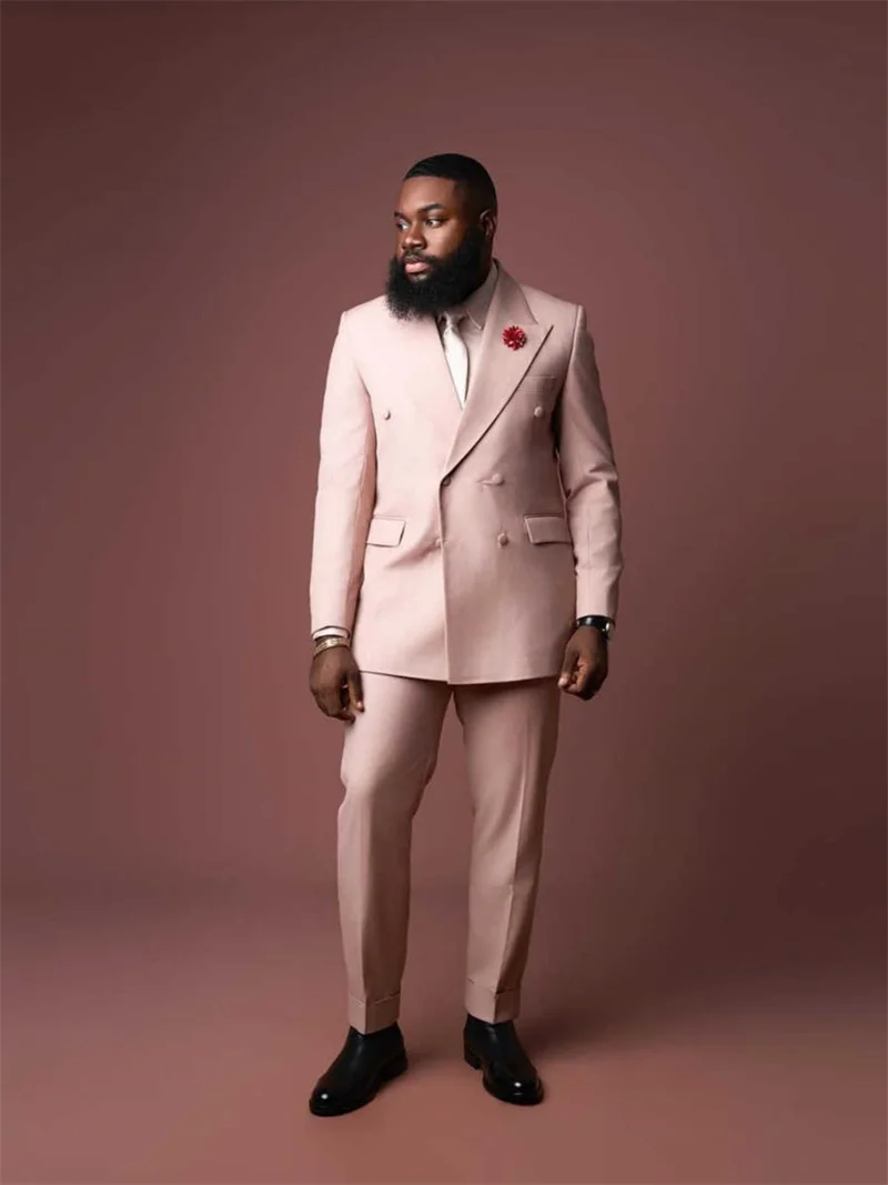 

Pink Men Suits 2 Piece Blazer+Pants Formal Double Breasted Prom Wedding Tuxedo Coat Custom Made Business Office Jacket Trouser