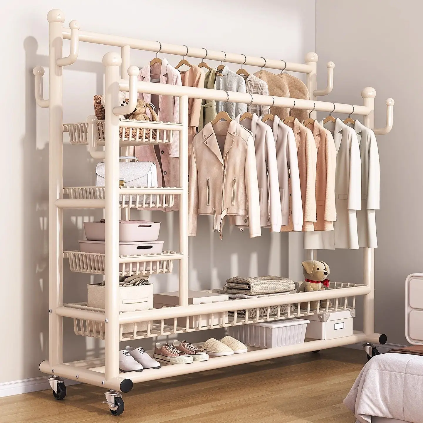 

Hxl clothes rack floor-standing bedroom simple double rod coat rack movablethickened clothes rack