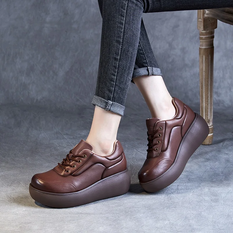 DRKANOL Women Platform Shoes Handmade Retro Style Genuine Cow Leather Lace-Up Wedges Heel Height Increasing Casual Single Shoes