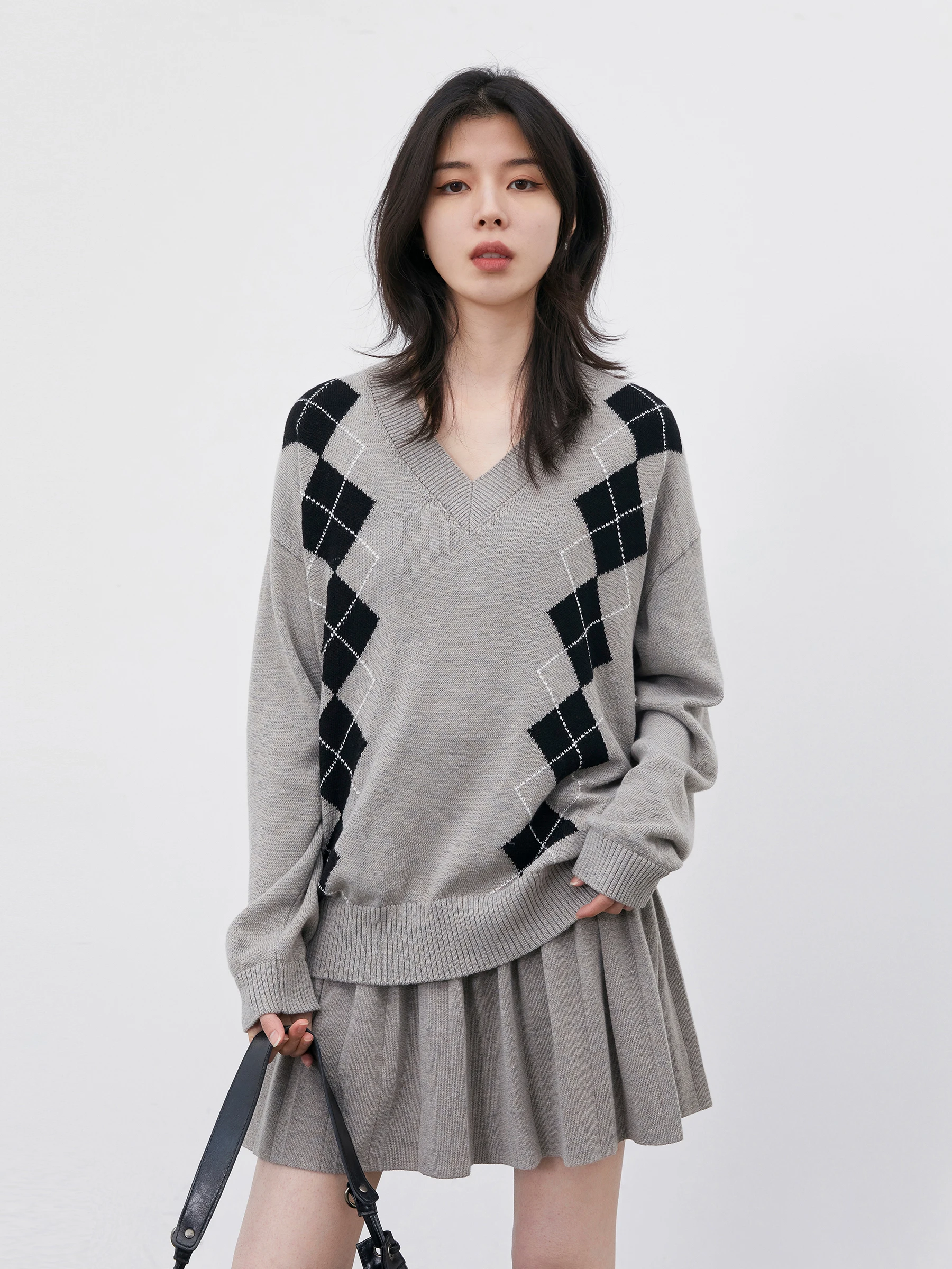 

Spring College Sle Casual Color Blo Knitted V-Ne Sweater Skirt Set High Waist Plaid Pattern Suits Women's Faion