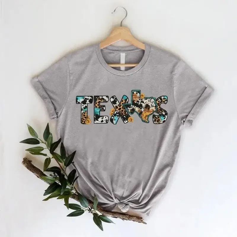 Cowhide Texas T Shirt Leopard Map Western State Outfit Country Cowgirl American Sunflowers Texan
