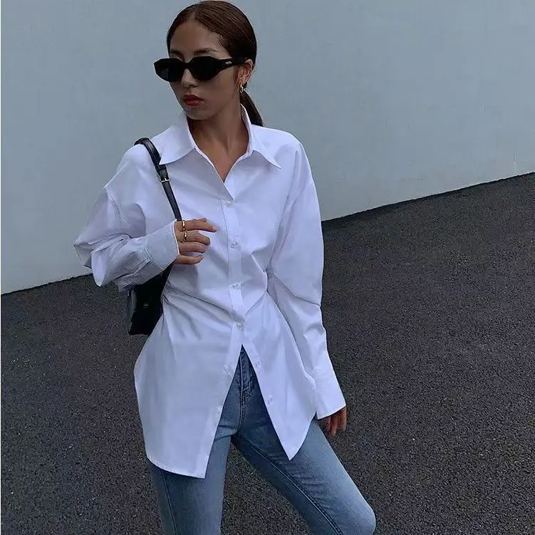 

Fashion Slim Long Sleeve White Shirts Women Streetwear Turn Down Collar Button Up Office Shirt Ladies All Match Blouse Female