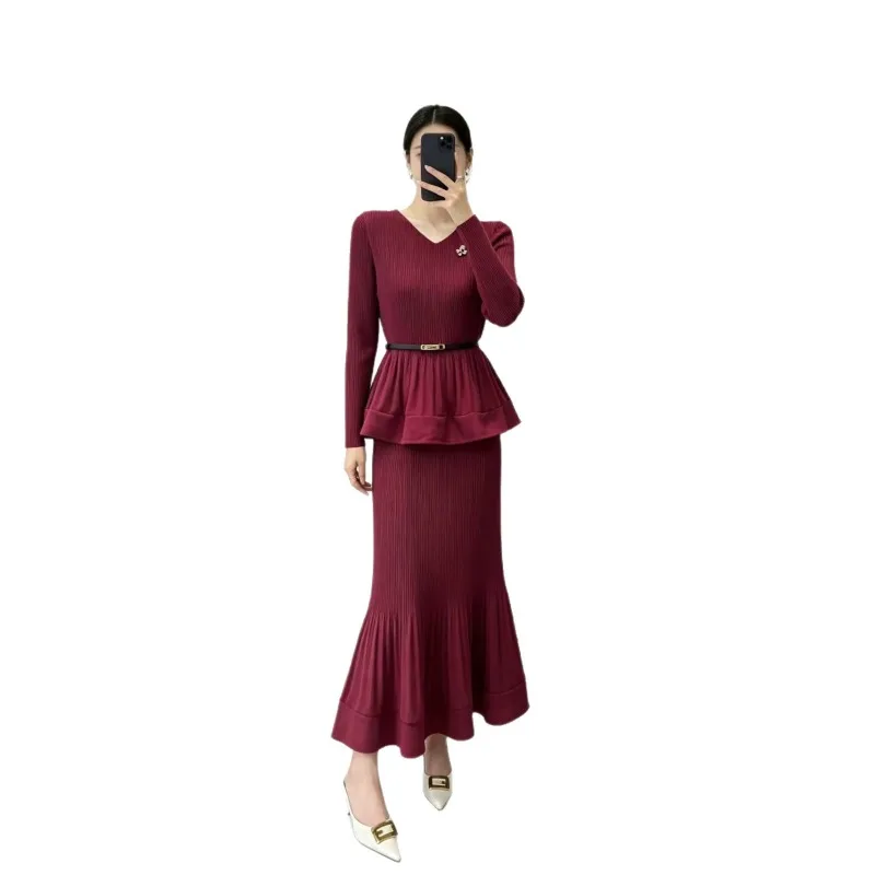 Miyake Pleated 2026 New Spring Summer V-Neck Solid Color Ruffled Cardigan Belt Top Fishtail Skirt Pleated Two-Piece Set Pleat