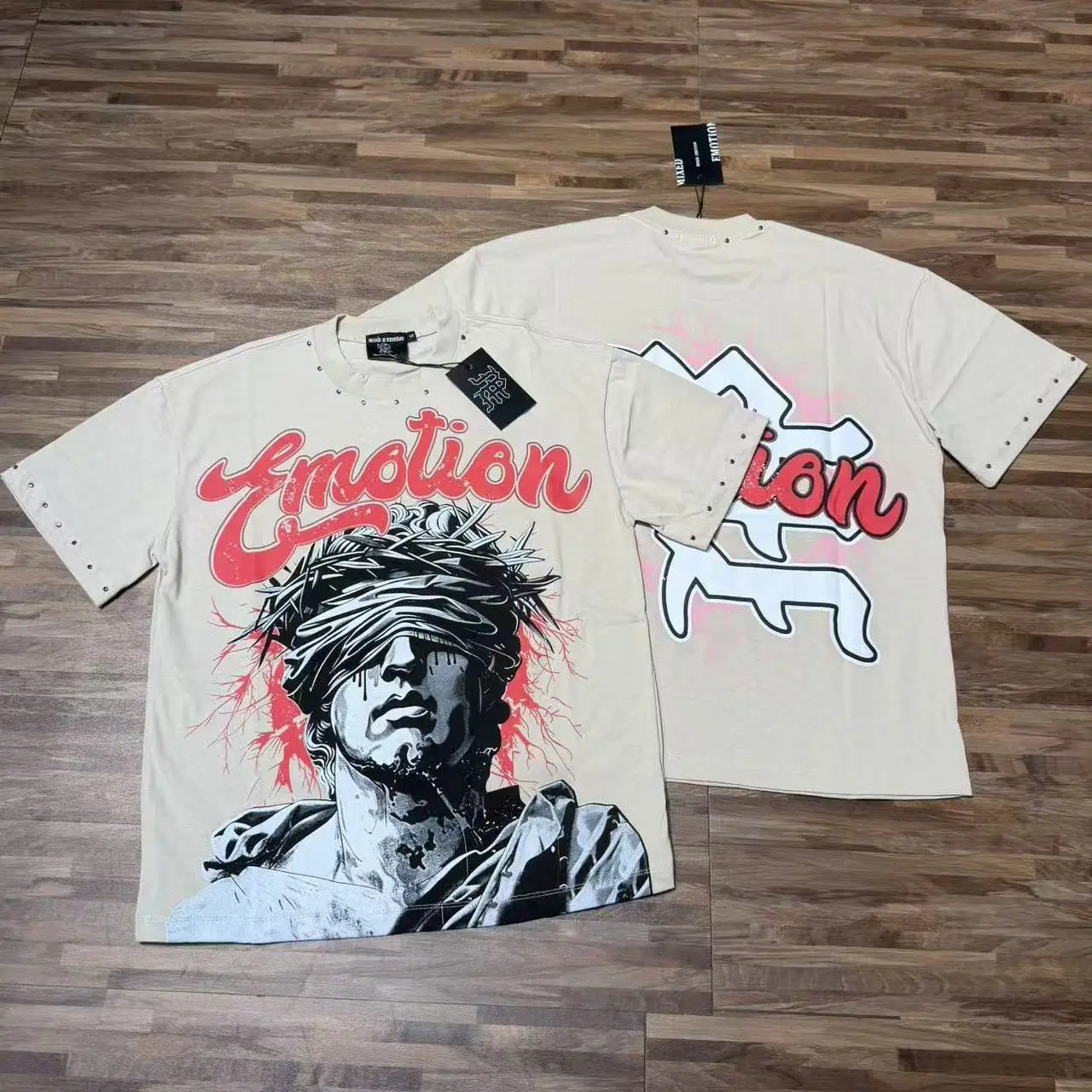 Mixed Emotion Retro Print Rhinestone High Street Loose Summer Heavyweight Pure Cotton Short Sleeve T-Shirt Street Style Cityw...