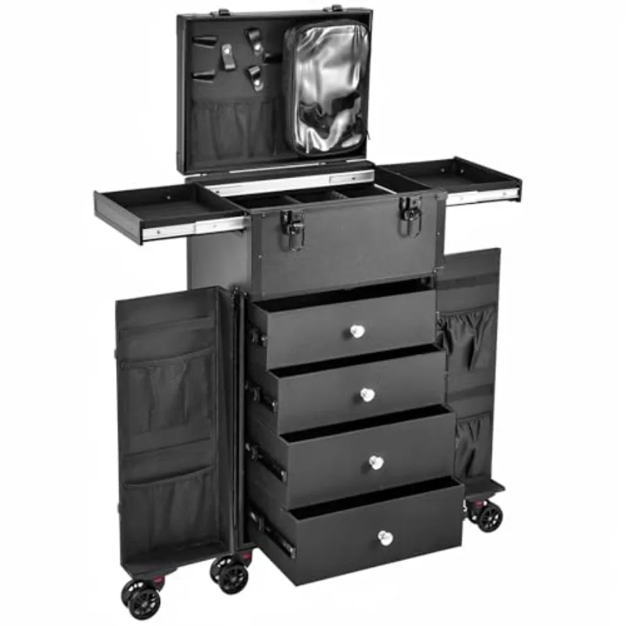 

Профессиональный кейс для макияжа на колесах с 4 ящиками, косметический чемодан для визажистов, дорожный кейс для парикмахеров, портативный органайзер для макияжа