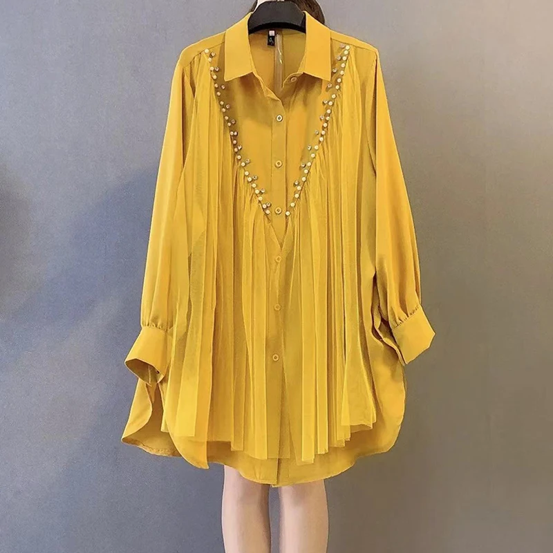 Women's Loose Chiffon Pleated Shirts, Turn-Down Collar, Elegant Office Lady Outwear Coats, Summer Tops, New Design, 2022