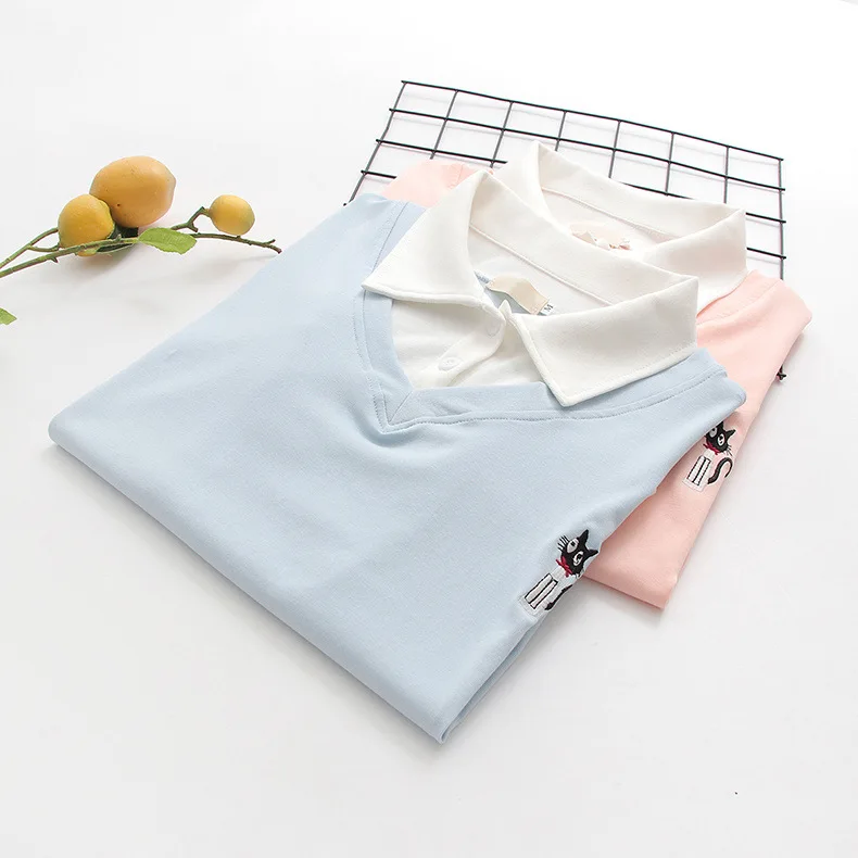 جديد 2025 الصيف القطن قصير الأكمام وهمية 2 قطعة تي شيرت ، المرأة التلبيب التطريز ، موري فتاة الحلو OL عادية فضفاض المحملة T56047CC