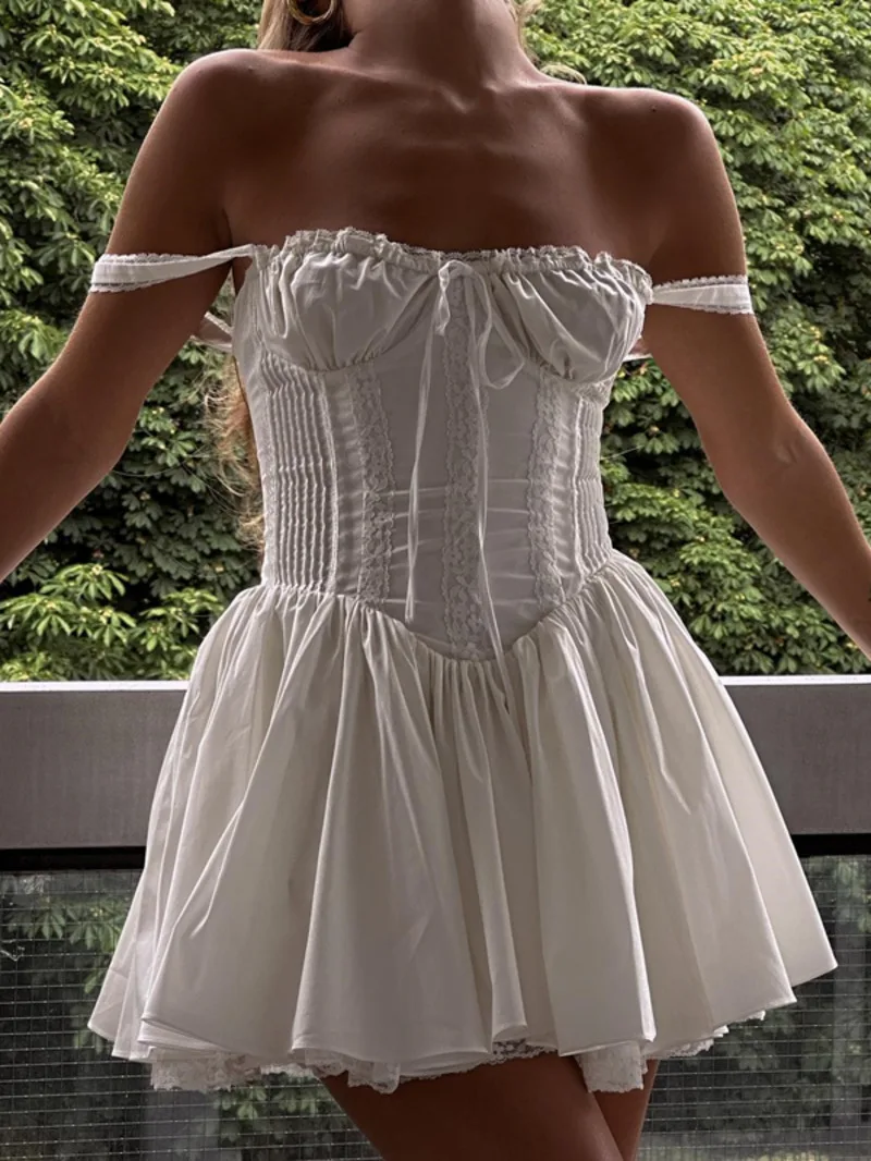 Elegante Frauen Ästhetische Plissee Mini Kleid Y2K Weiß Ärmelloses Square-neck Lace-up Off Schulter Frühling Party Kleider 7CYS