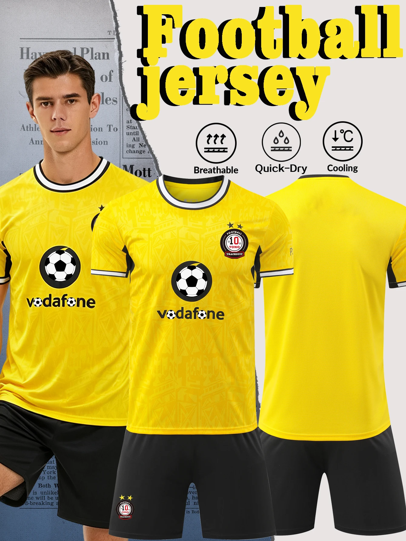 Men Yellow Football Jersey Set Soccer Uniform Breathable Quick‑Dry Short Sleeve T‑Shirt and Shorts Adult Team Training Match Spo