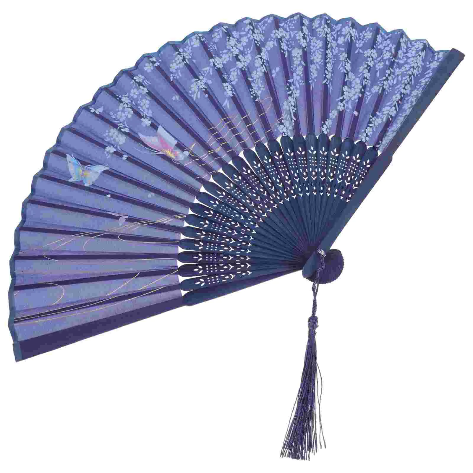 Folding Hand Fan Handheld Flower Cherry Blossoms Silk Fabric Women Tassel Pendant Embroidered