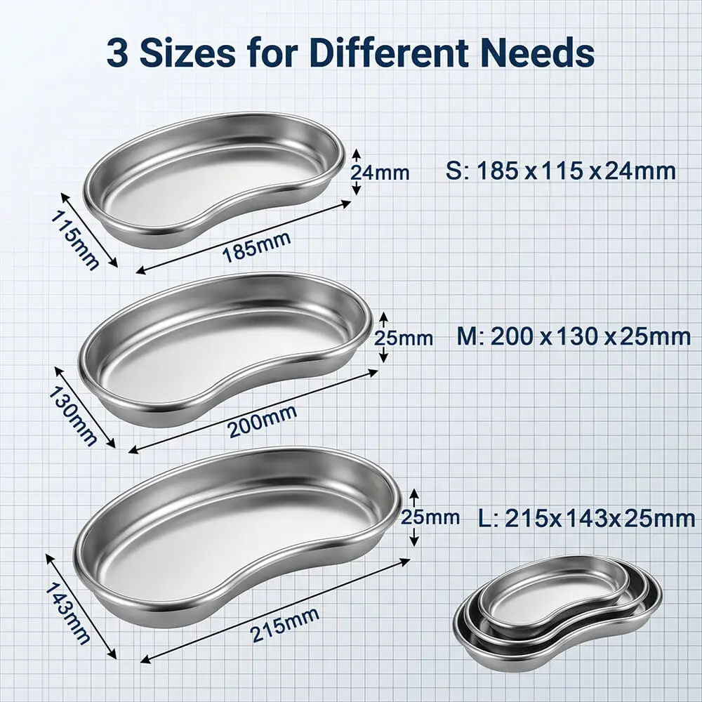 Stainless Steel Sterilization Tray Kidney Shaped Tray Surgical Dental Cosmetic Tattoo Tool Instrument Tray Autoclavable S/M/L