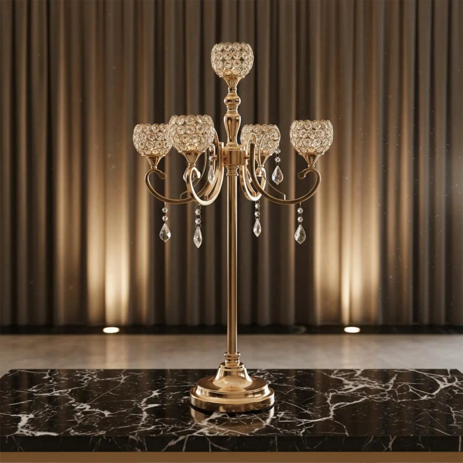 Ornate 5 Head Candle Holder Rust Resistant Gold Wedding Candelabra 5 Branch Floor Candelabra Tall Crystal Candle Stand view 6