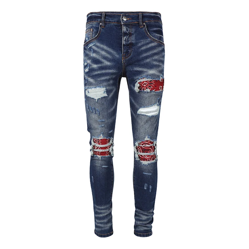 

Fashion new men's jeans stretch slim fit washed blue jeans high street hip-hop brand designer red patch pants hombre