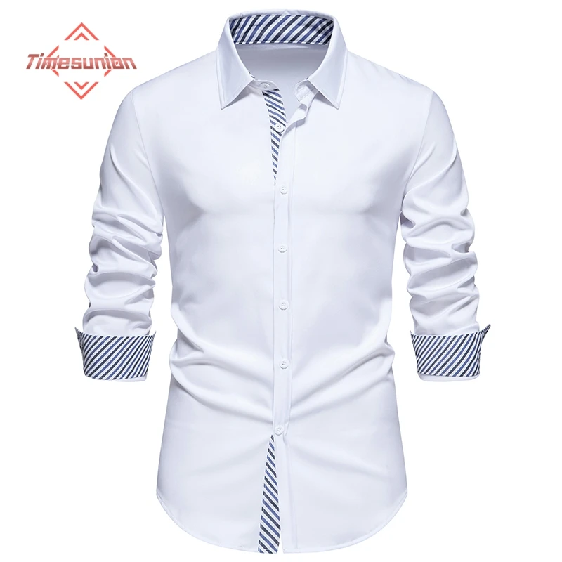 

Striped Triangle Collar Mens Dress Shirts 2024 Spring New Long Sleeve Button Down Shirt Men Business Casual Top Blouse