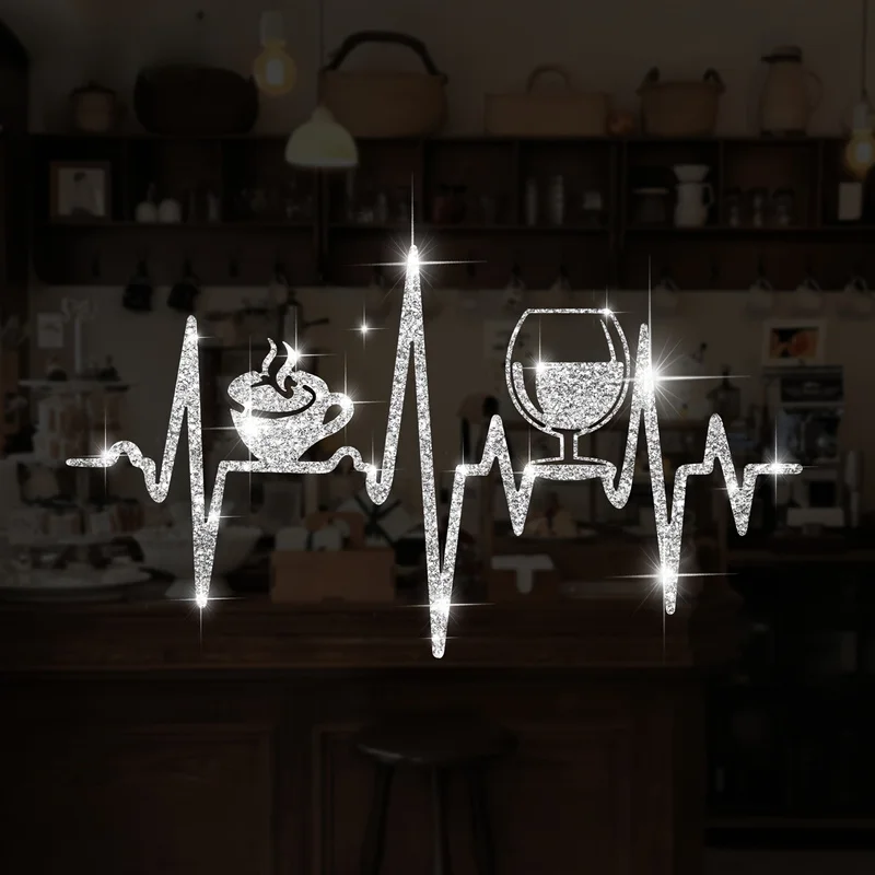 Sparkling Coffee and Wine Heartbeat Wall Stickers Set Self Adhesive Detachable Fun Kitchen and Bar Home Decor