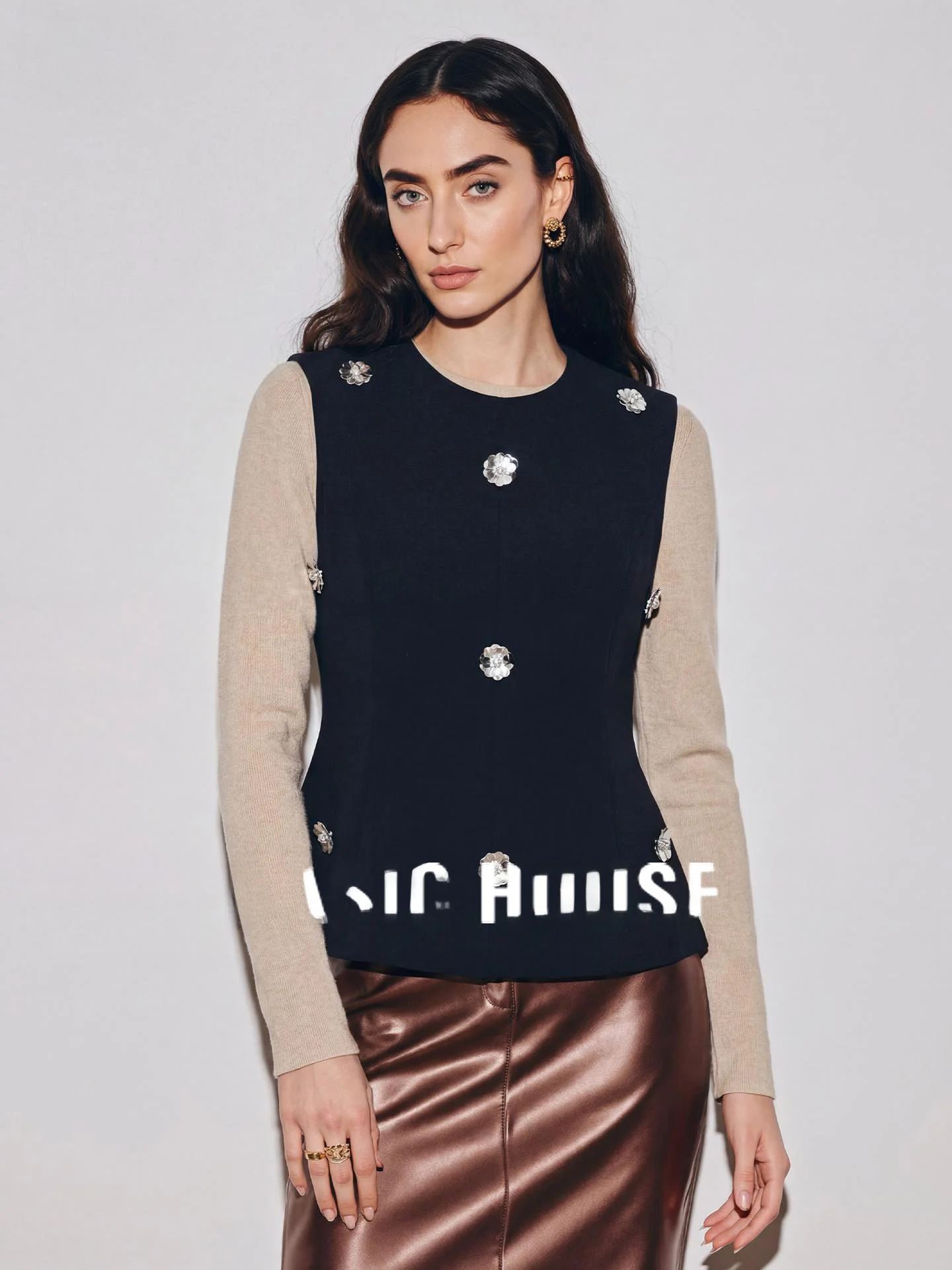 

Женская майка Basic House Bla 3D Bead Flower, весна 2026, с круглым вырезом, из полиэфирного волокна, для повседневной носки