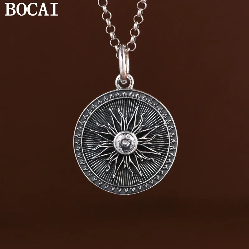BOCAI NEW S925 Sterling Silver Pendants for Men Women Antique Starburst Flame Pattern Round Charm Fine Choice Jewelry Wholesale