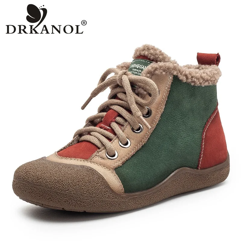 DRKANOL Fashion Women Flat Ankle Boots Autumn Winter Mixed Colors Genuine Cow Leather Retro Style Casual Warm Cotton Boots Lady