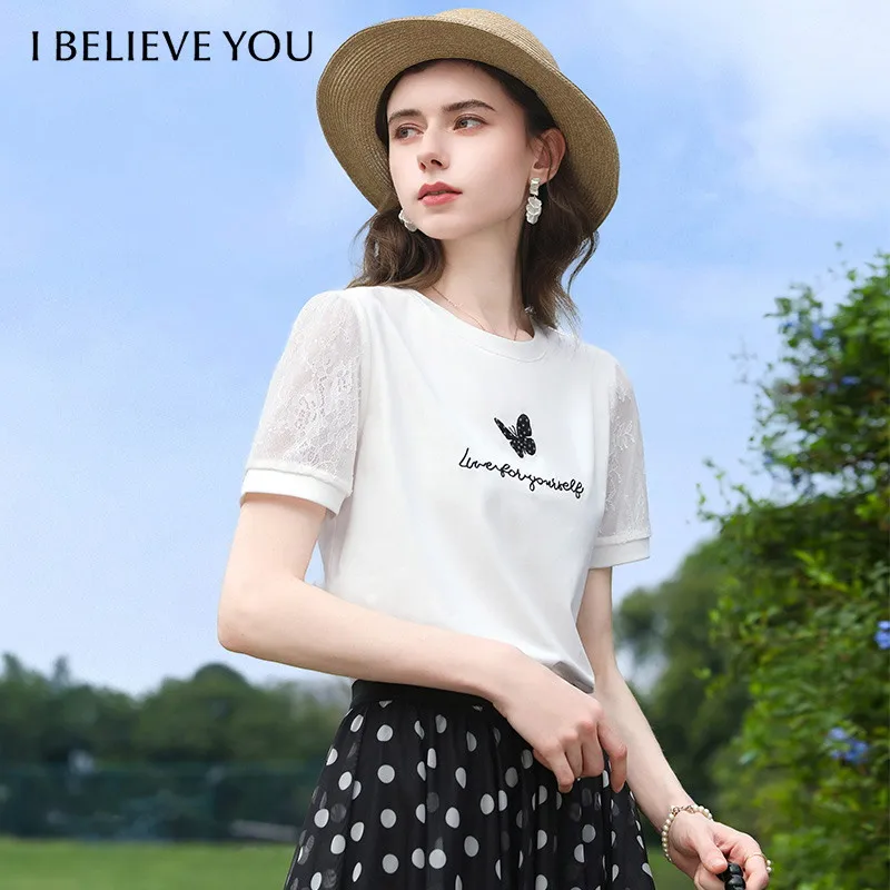 

I BELIEVE YOU White Lace Short Sleeved Women T-Shirt 2026 Summer New Butterfly Letter Embroidered Casual Elegant Top 2262016269