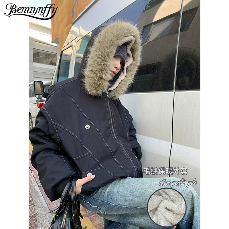 

Benuynffy уличная куртка на флисовой подкладке с меховым воротником, женская осень-зима 2023, новые повседневные парки, плотная теплая модная одежда 2000-х годов