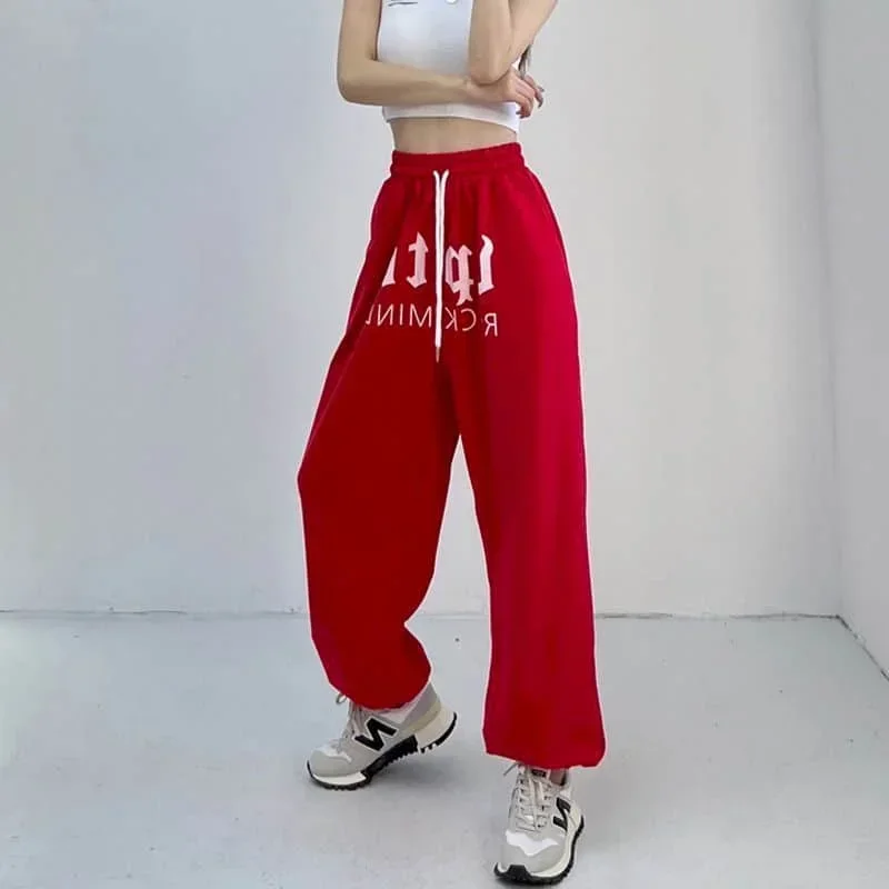 

Pop Red Pants Hip-hop Jazz Sporty Pants High Waiste Casual Leggings Korean Fashion Trousers Women Y2k Clothes Loose Streetwear W