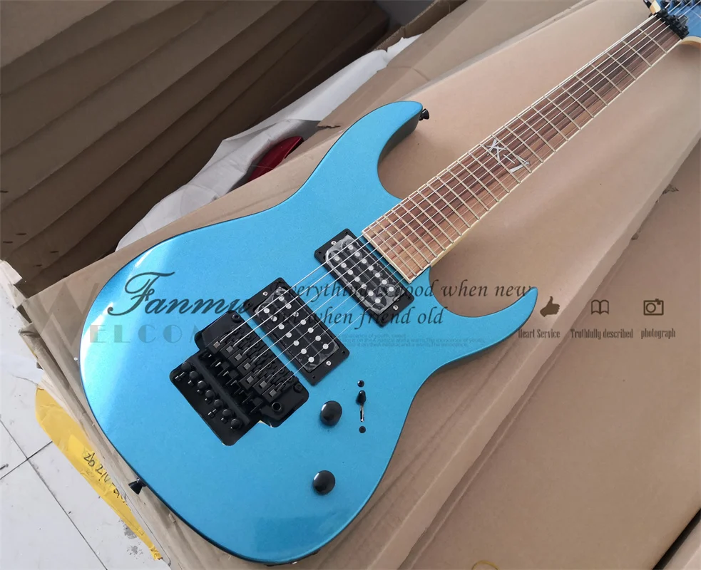 7 String Metal Blue Electric Guitar K7 Body Maple Neck  Tremolo Bridge Rosewood Fretboard  24 Frets Black Tuners