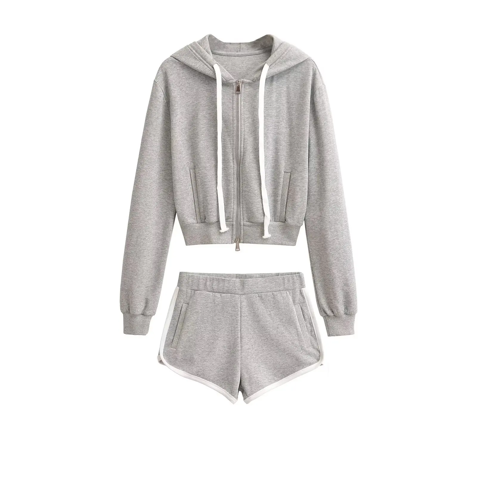 

Retro American Spicy Girl Sport Color Blo Dstring Double Zipper Hoodie Jaet Casual Striped orts Two Piece Set