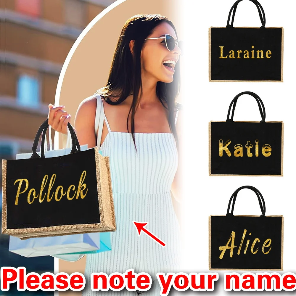 

Personalized Customization Name Linen Black Handbag Linen Handbag Reusable Eco-friendly Grocery Storage Bag Retro Beach Bag