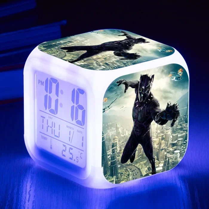 Disney Marvel Avengers Anime Figure Black Panther Night Lights Colorful Alarm Clock Children\'s Room Decoration Birthday Gifts