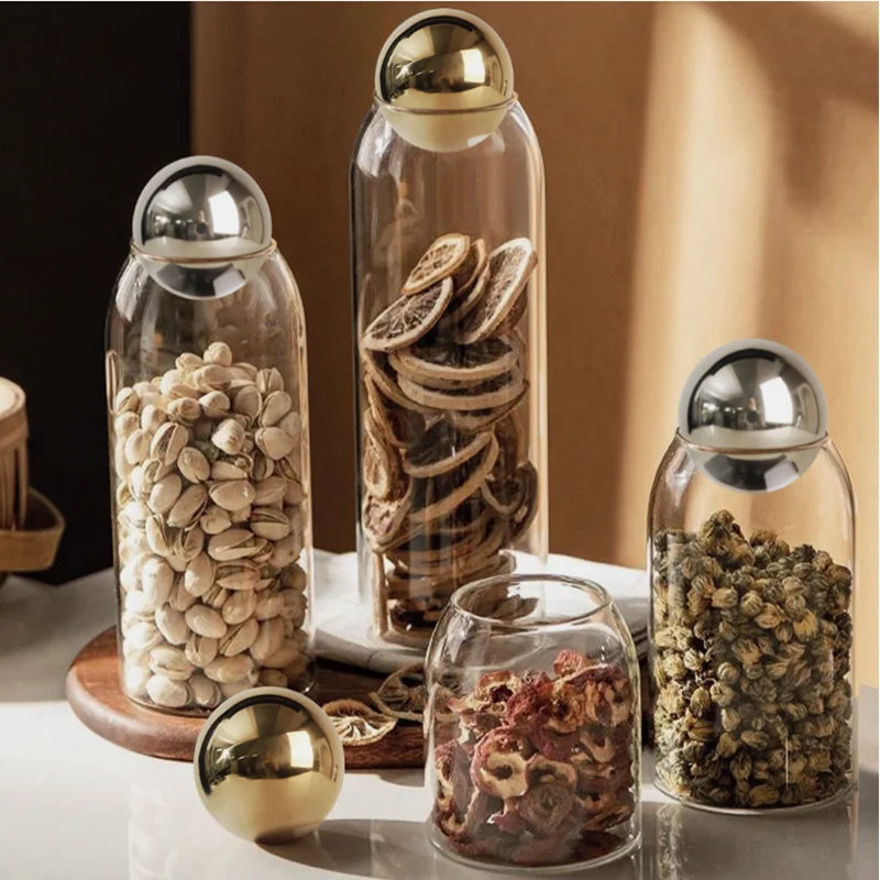 Golden Cork Cover Glass Storage Jar Kitchen Food Storage Container Coffee Bean Tea Can Sundries Storage Bottle Home Decoration