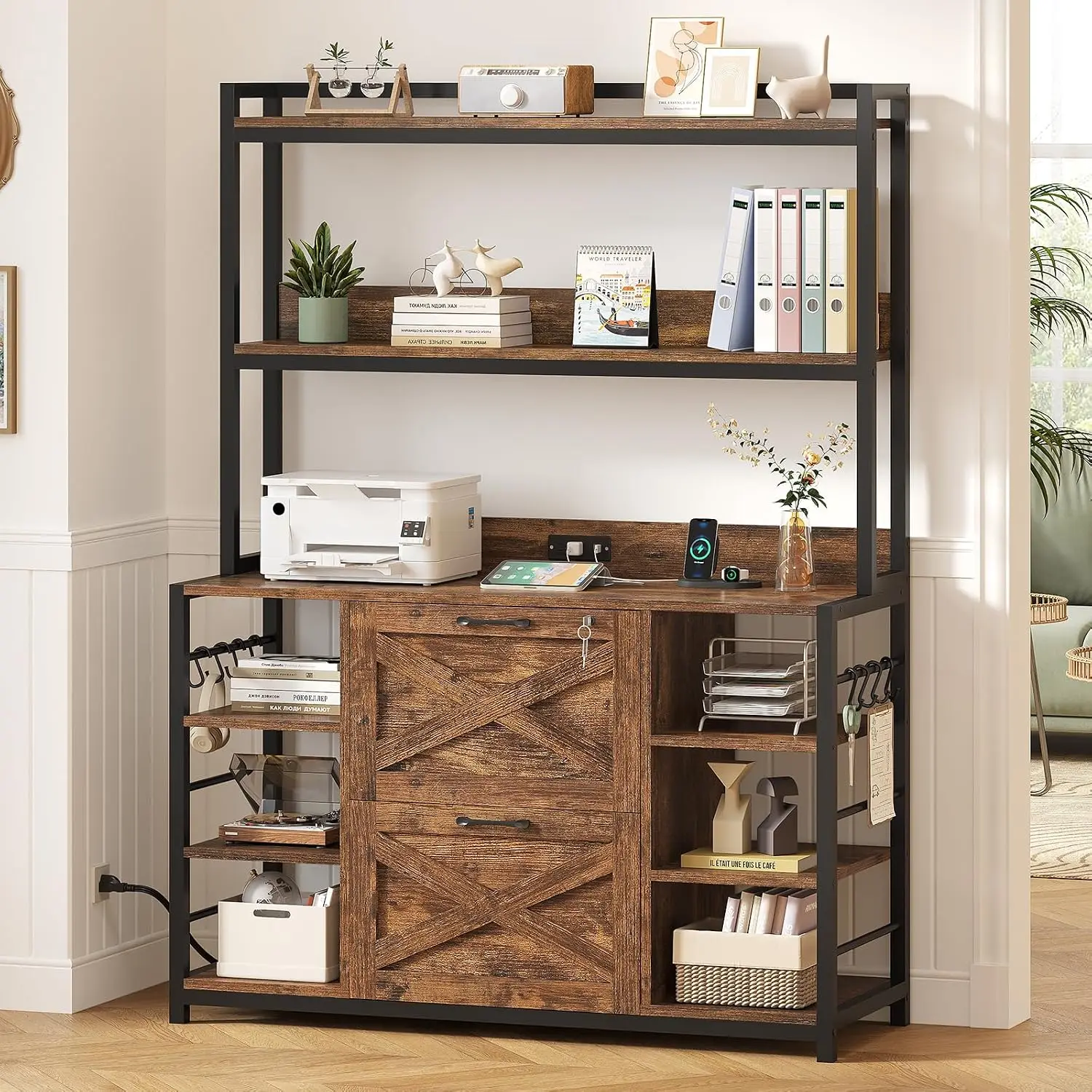 2 Drawer File Cabinet Legal/Letter/A4 With Lock Power Strip Open Shelves Home Office, Customized